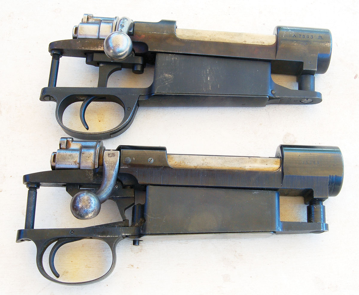 A Military M98 (top) and an FN commercial  (bottom). Note the single-stage trigger on the  FN action.